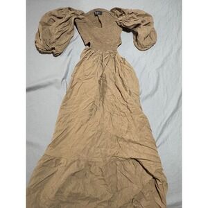 o.p.t. Brown Smocked Puff Sleeve Cutout Maxi Dress Tencel Linen Blend Womens M